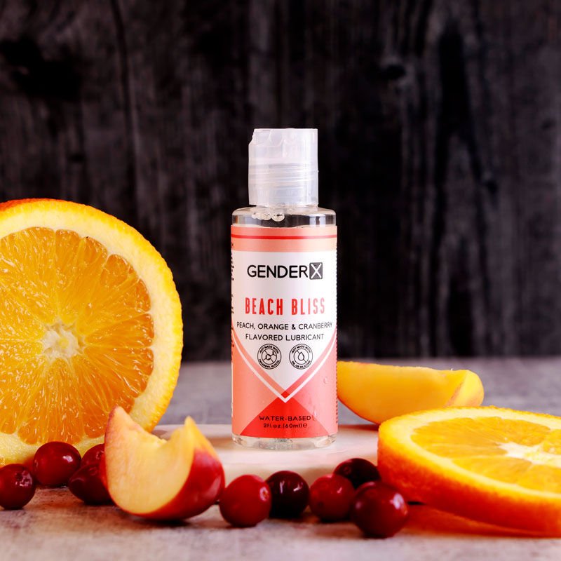 Gender x - beach bliss flavoured water-based lubricant - 60 ml - Product front view, with fruits  | Flirtybay.com.au